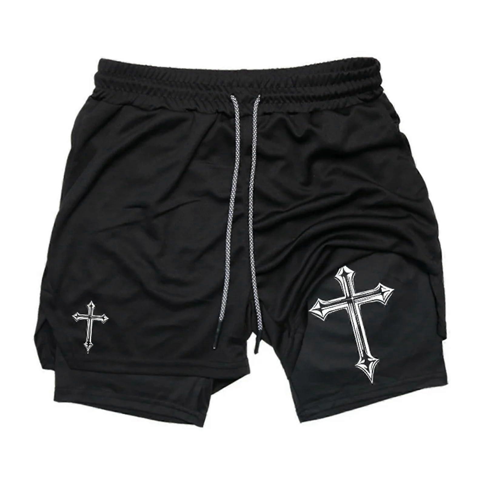 Men's 2-in-1 Cross Printed Board Shorts Swimming Trunks with Compression, Quick-Drying Summer Beach Shorts S Black