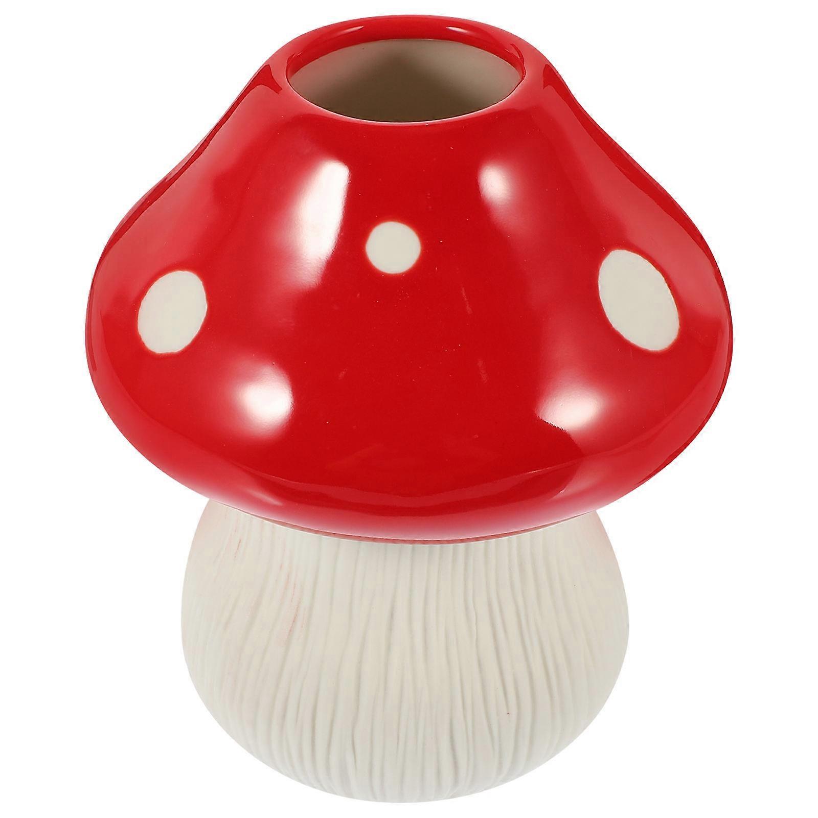 Ceramic Craft Vase Mushroom Shape Flower Arranging Desktop Storage Holder Red 1Pack