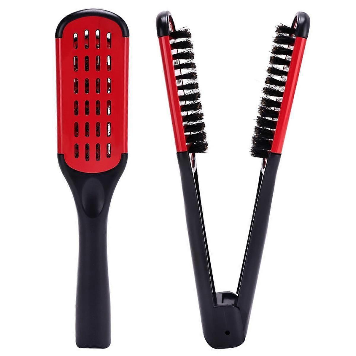 Boar Bristle Double Sided Brush Comb Clamp Anti-Static Hair Straightener Tool Comb Hair Splint Comb, Rose Red
