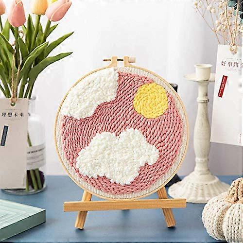 Punch Needle Starter Kit with Adjustable Tool and 20x20cm Embroidery Hoop in Pink Sky for DIY Carpet Punch Beginners