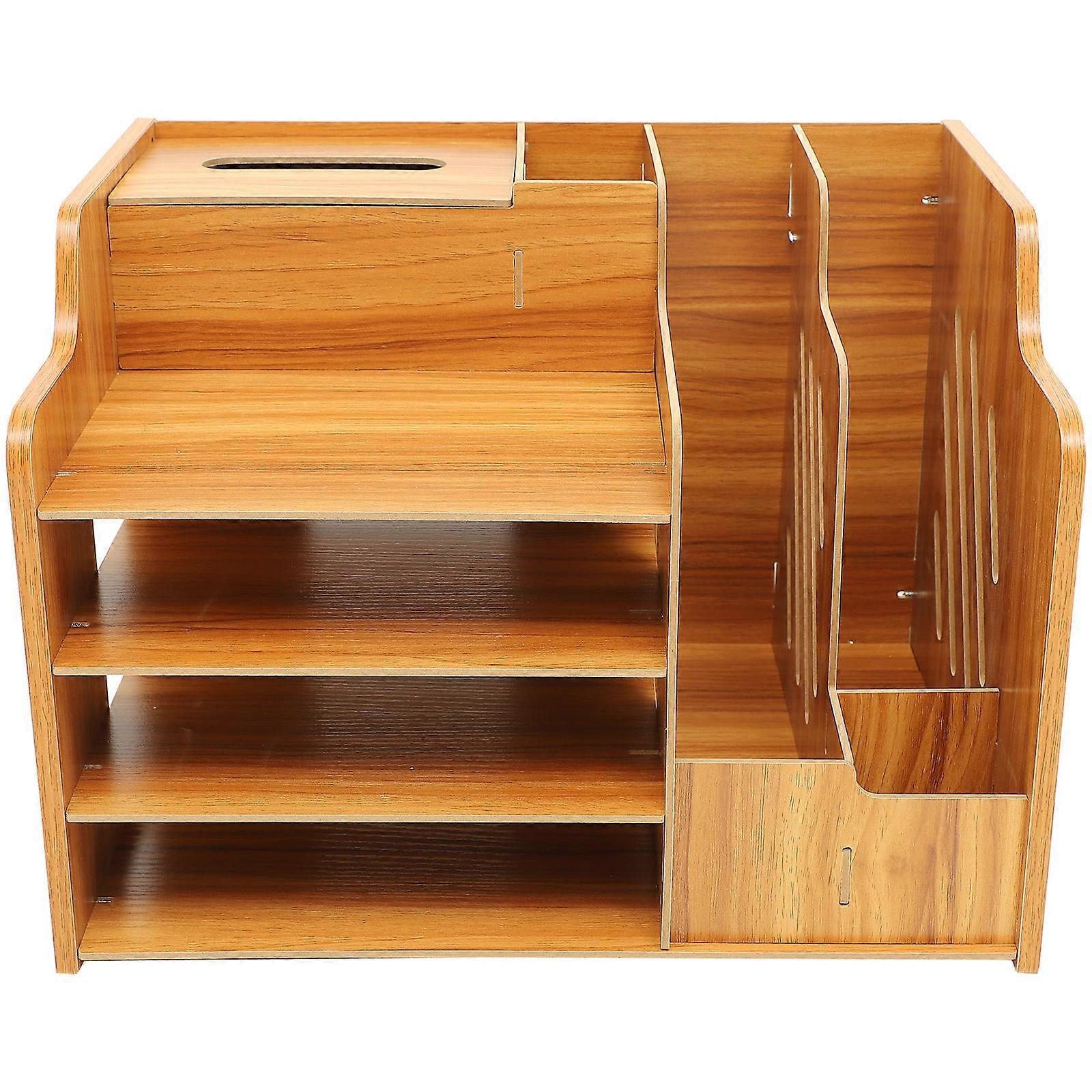 Light Brown Desk Organizer with Small Drawer for Pens Files Scissors Storage Use Density Board