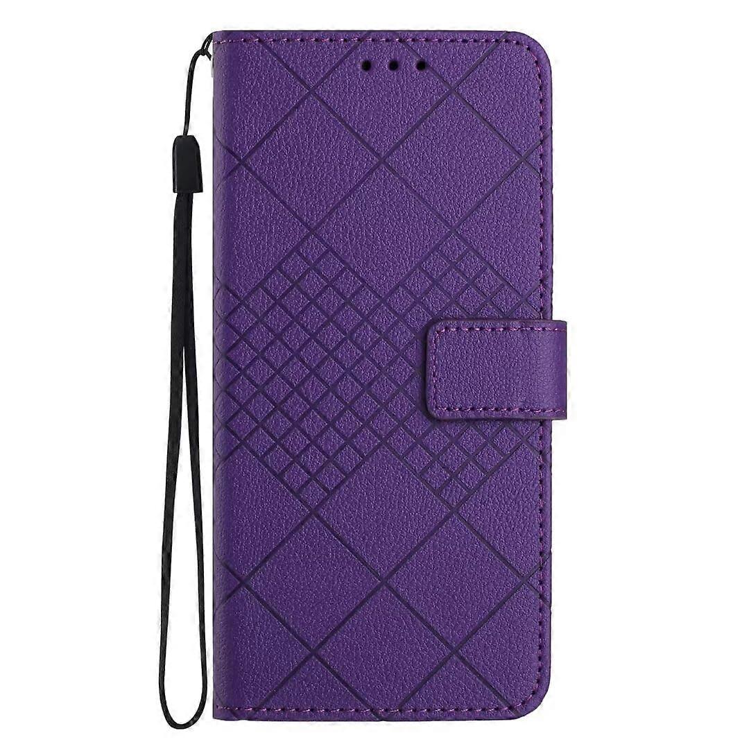 Case for iPhone 16 Pro Max Wallet Grid Pattern Credit Card Holder Flip Folio PU Leather Magnetic Closure Purple