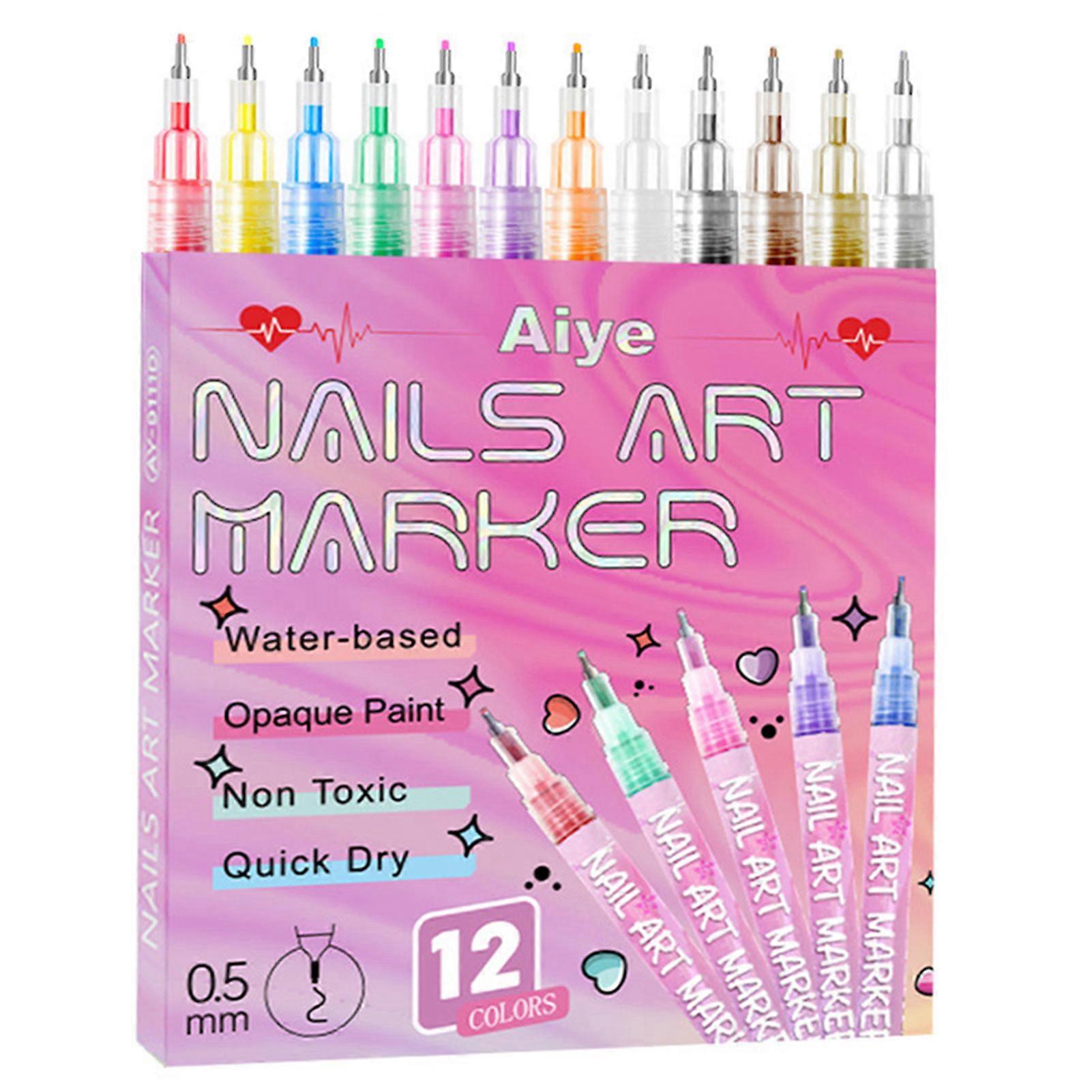 12 Colors Nail Art Pen Set with 0.5mm Precision Tip Waterproof Micro-Liner for DIY Detailed Nail Designs