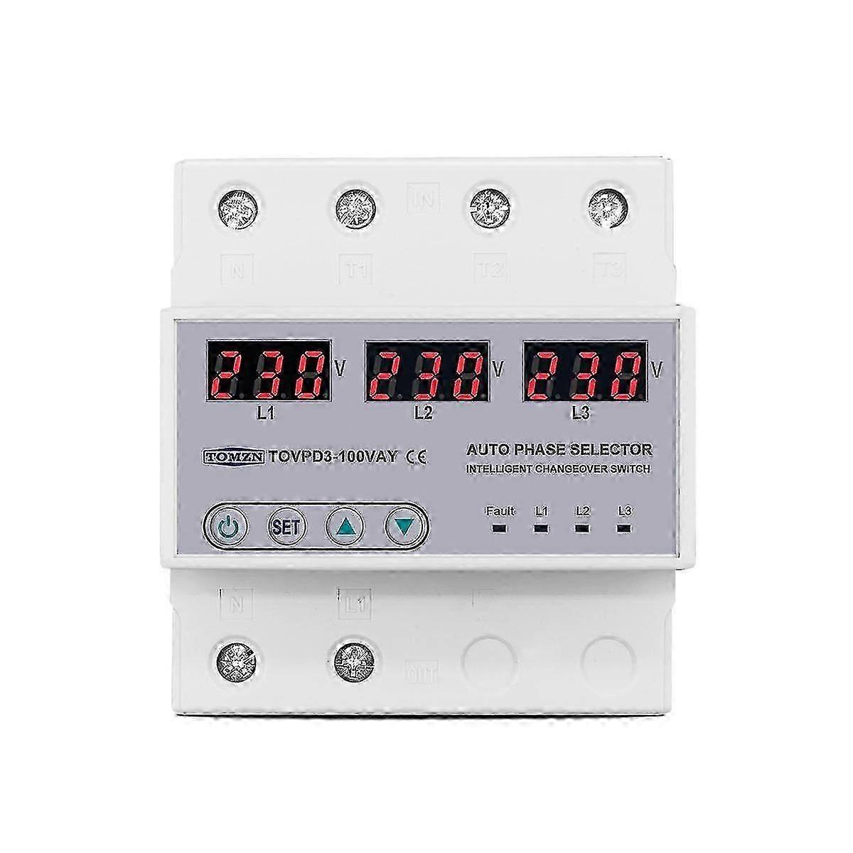 100a 3 Phase 3p+n Rail Phase Selector Voltmeter With Adjustable Over And Under Voltage Protection