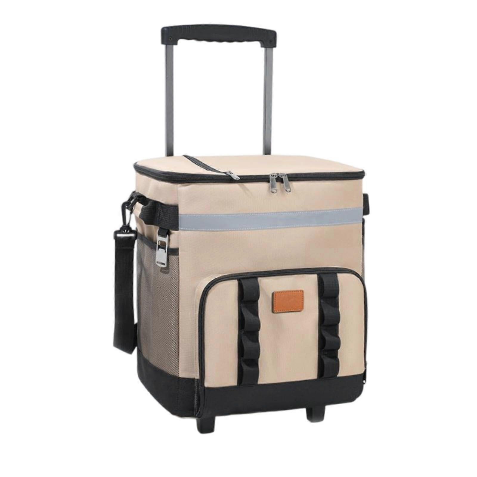 Large Capacity Rolling Insulated Coolers Bag With Retractable Handle Wheels For Outdoor Picnics Camping Beach Khaki
