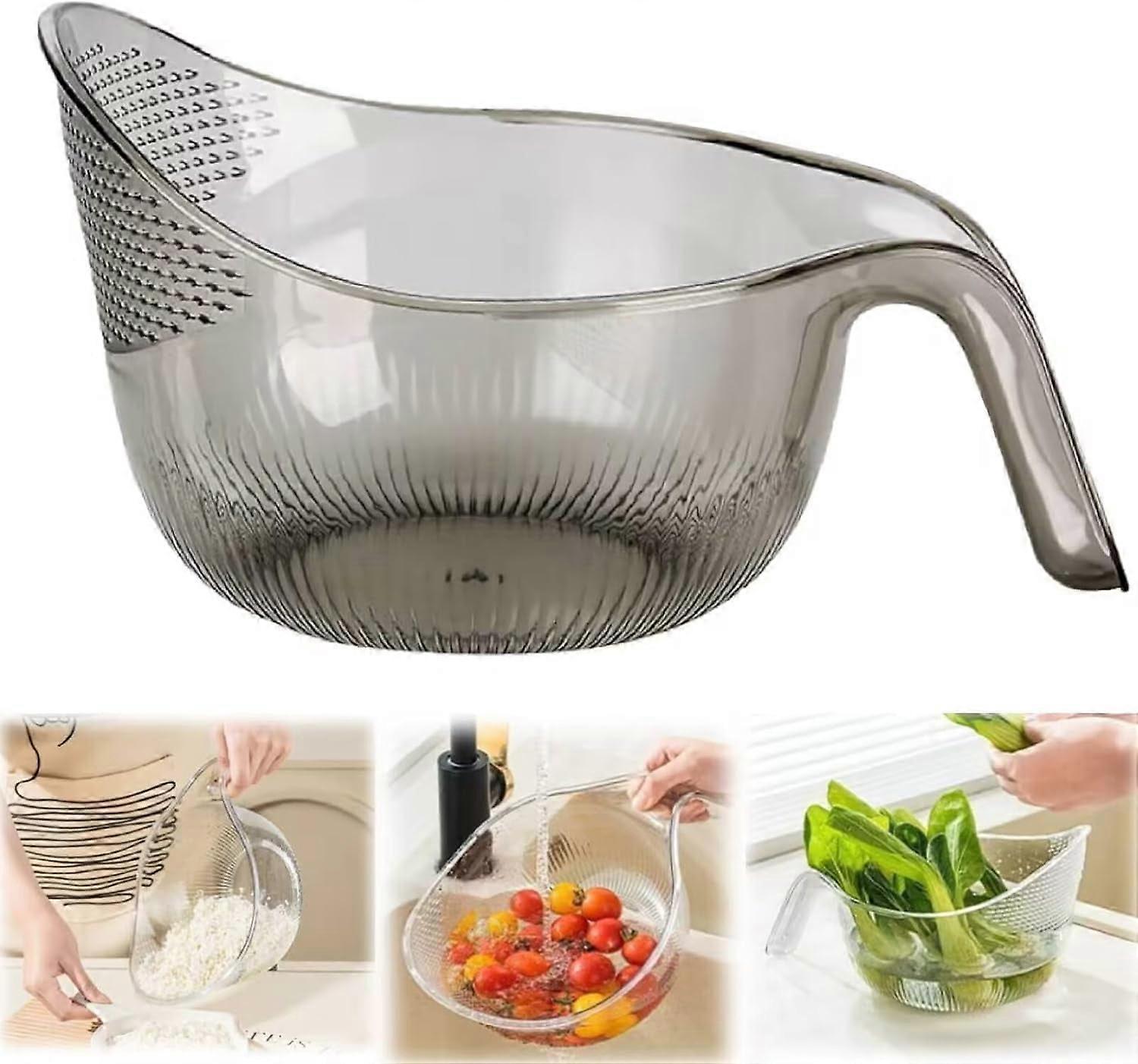 Rice Washer Strainer Bowl with Handle, Plastic Colander for Rice, Fruits & Vegetables - Grey