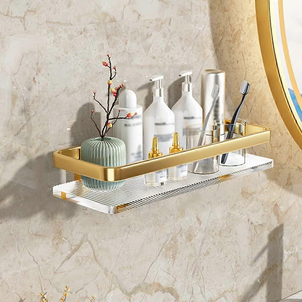 Shower Caddy No Drilling Wall Mounted Transparent Acrylic And Gold Finish 30Cm 1 Layer With Towel Shelf