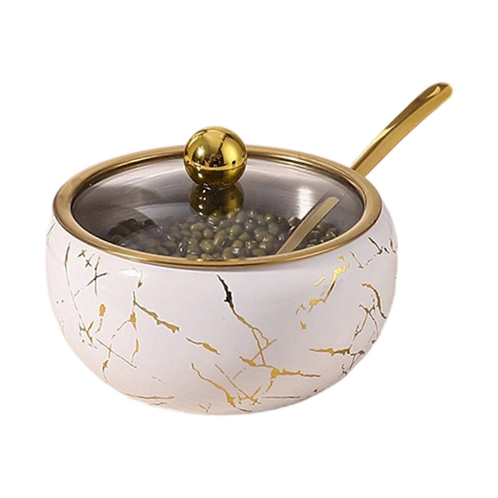 Practical Stainless Steel Condiment Container For Cooking Enthusiasts Sugar Bowl with Glass Lid and Spoon  White