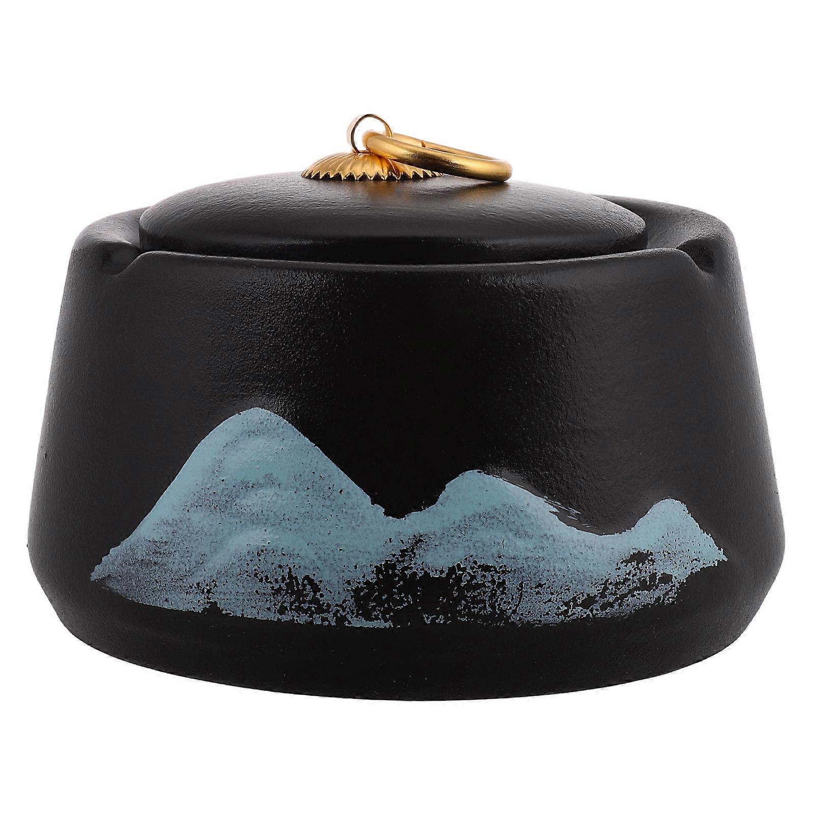 Creative Black Ceramic Ashtray with Lid for Home Use Covered Ashtray