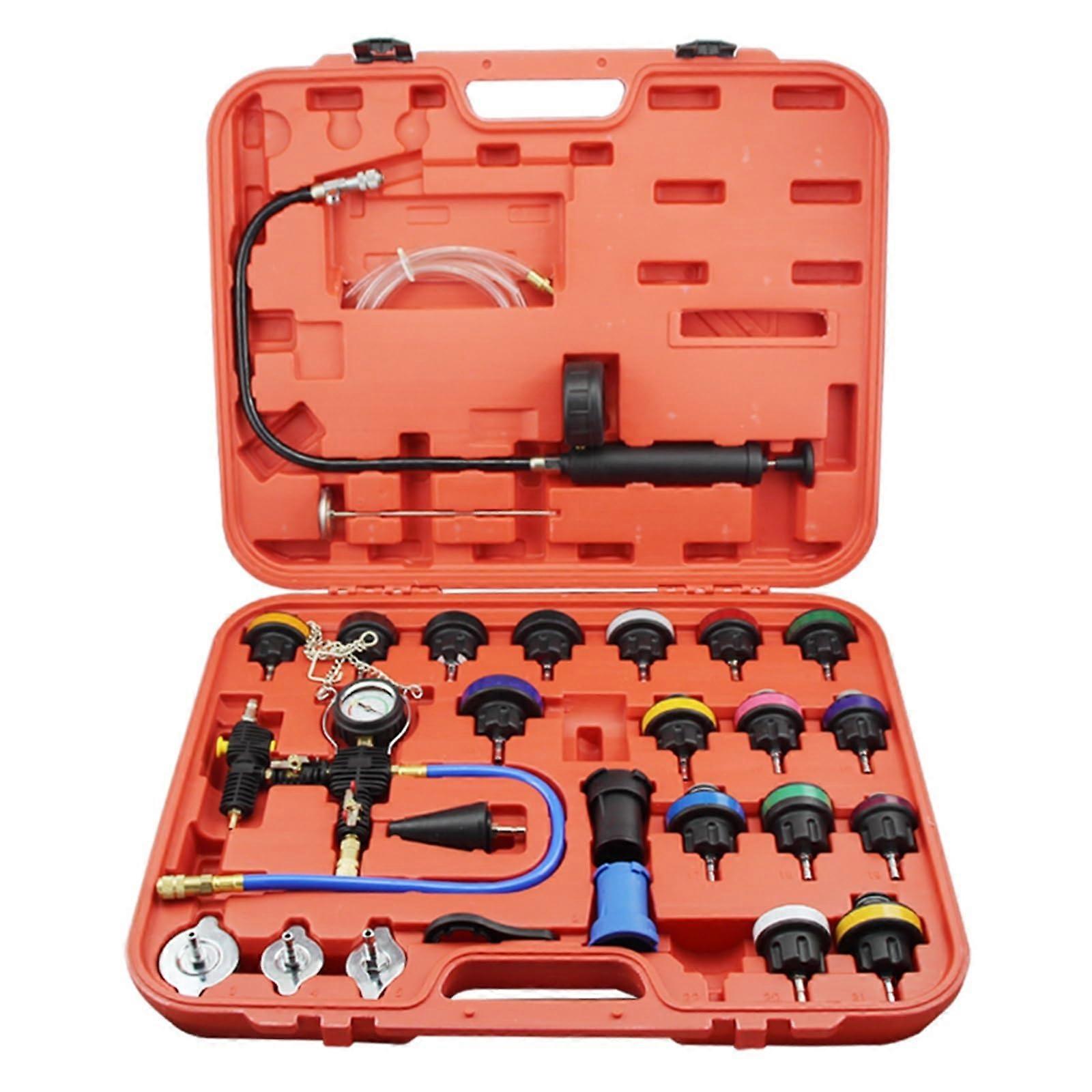 28pc Radiator Pressure Tester Kit for Automotive Cooling System Maintenance with Storage Box