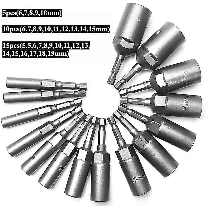 5/10/15Pcs 80mm Deepen Power Nut Driver Drill Bit Set 5.5-19MM Impact Socket Adapter for Power Tools 6.35MM Hex Shank