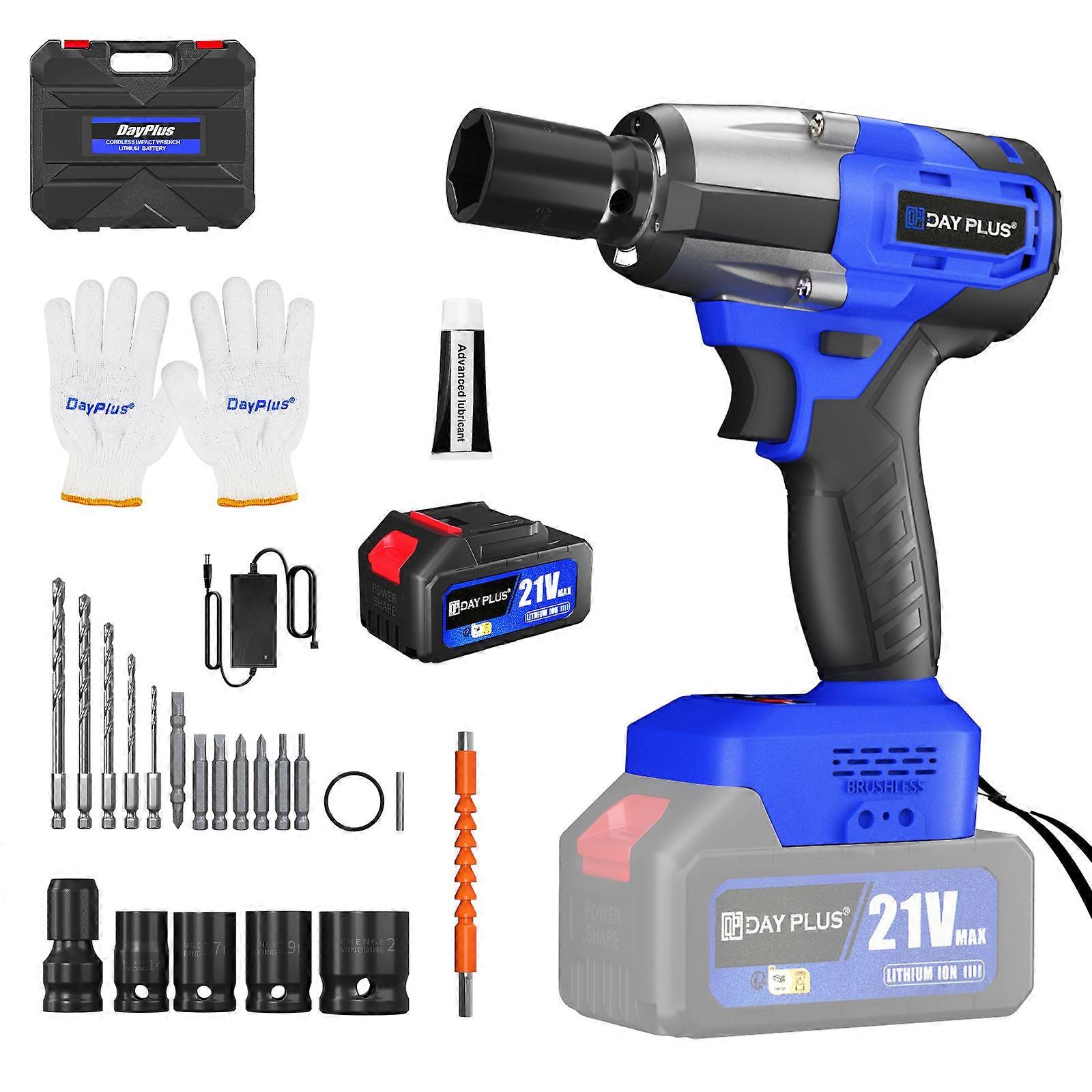 DayPlus 3 IN 1 Cordless Electric Impact Wrench Power Tool Stepless Speed Control 21V Brushless Wrench Drill Socket 3.0AH Battery