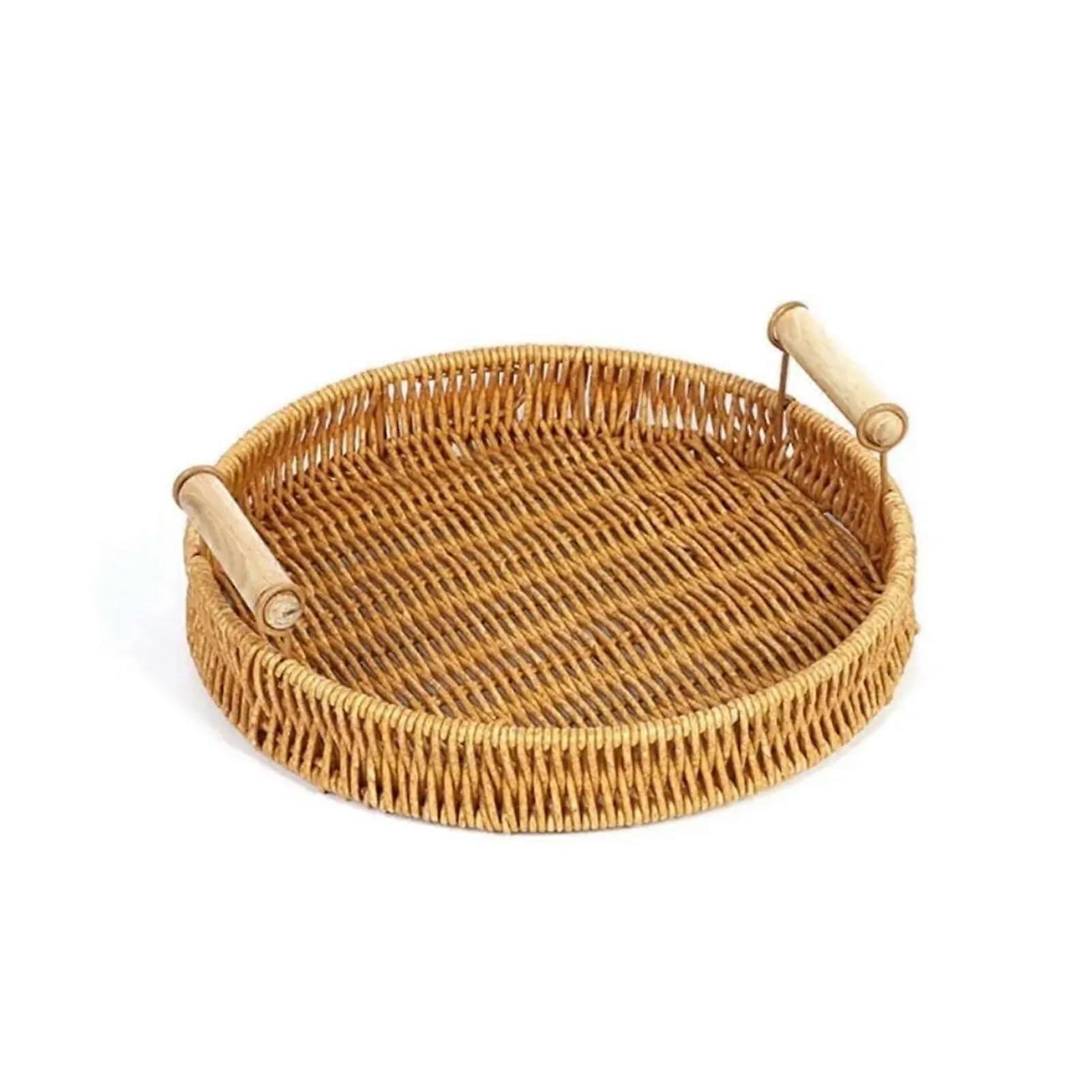 Round Rattan Serving Tray with Handles, Handwoven Wicker Basket for Fruit, Cake and Vegetables