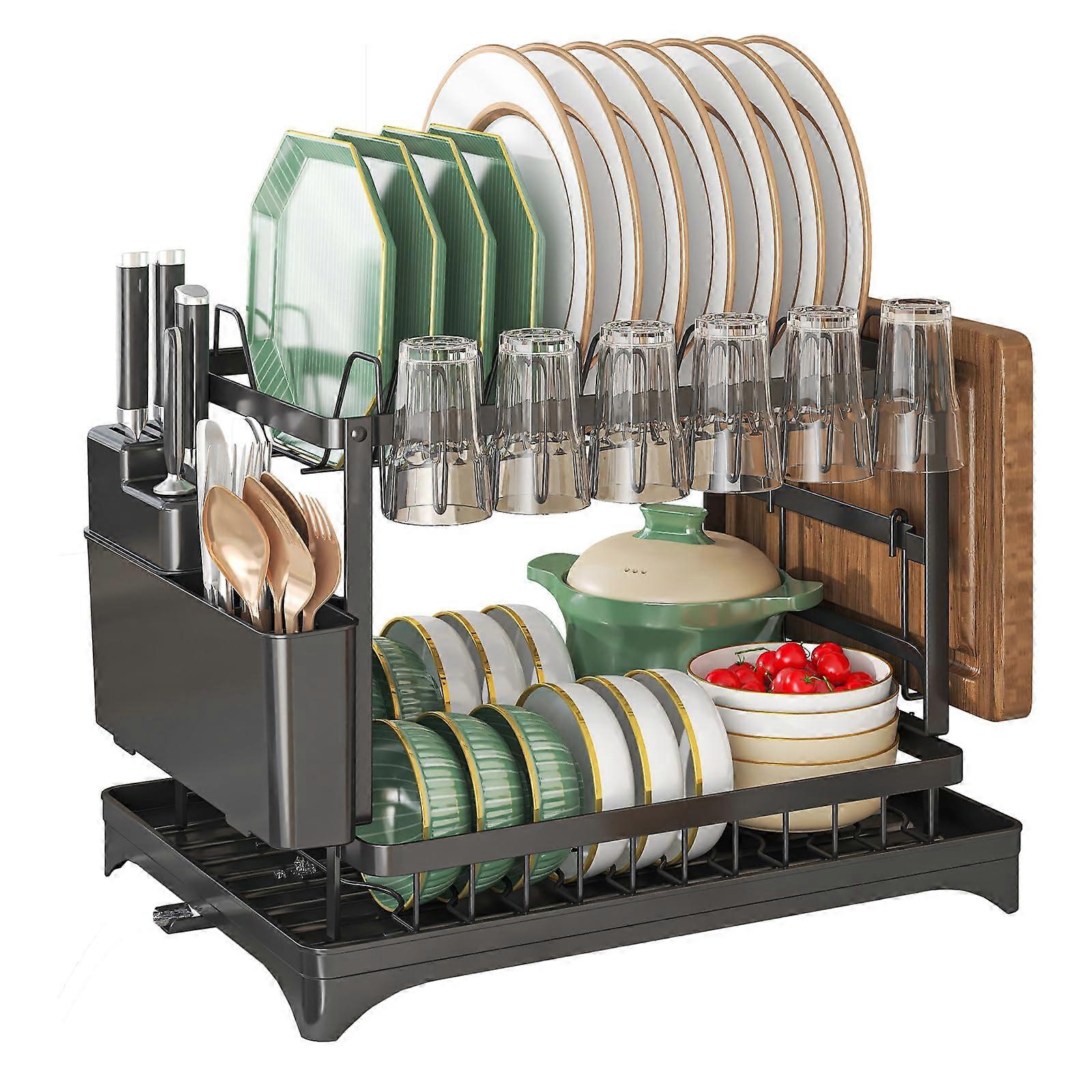 2 Tier Dish Drying Rack with Utensil and Cutting Board Holder, Rustproof Kitchen Counter Organizer