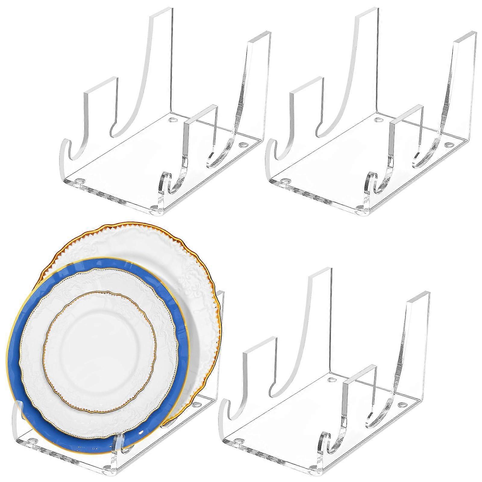 4 Pcs Clear 2Tier Acrylic Plate Display Stand, SpaceSaving Dinnerware Organizer for Kitchen Cabinet