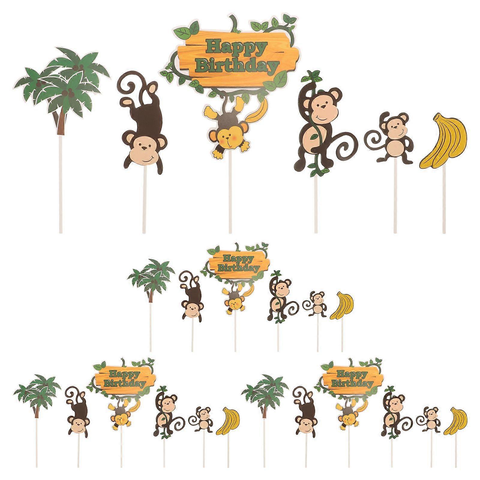 4 Sets Cake Toppers Monkey Forest Cake Inserts Cupcake Decor Party Supplies (6pcs/Set)