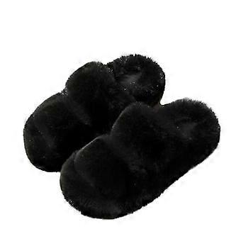 Fuzzy Slippers Women Furry Cross Band House Slippers Open Toe Slipper Slides Rabbit Fur With Memory Foam Insole
