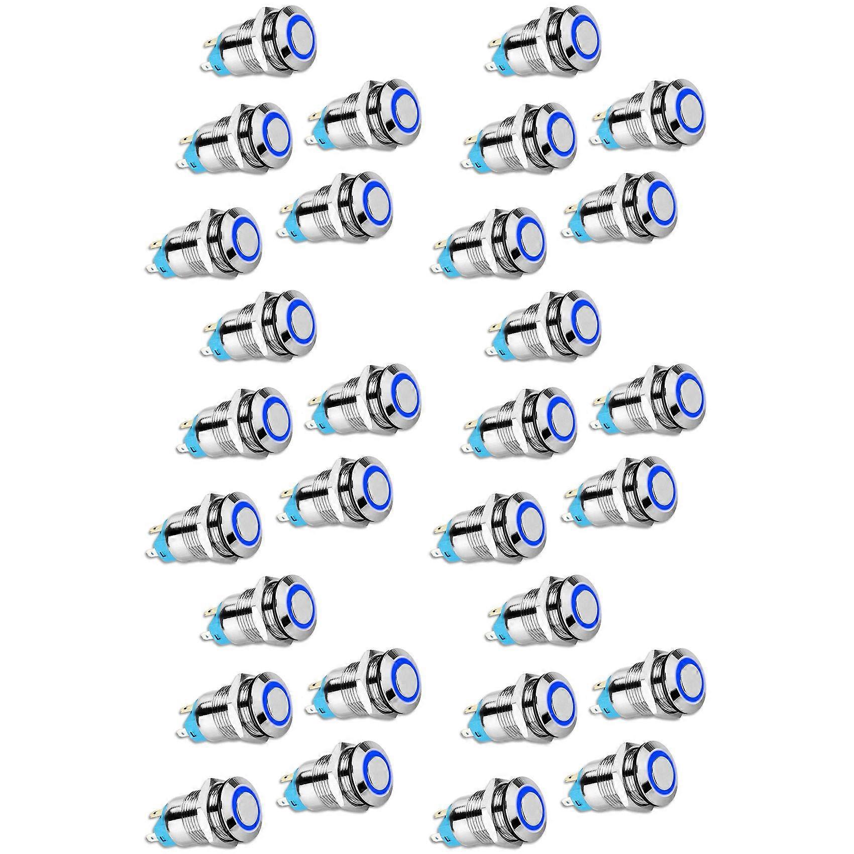 30PCS 12mm Latching Push Button Switch High Round Cap, Waterproof Metal Push Button Switch with 12V/24V Blue Light