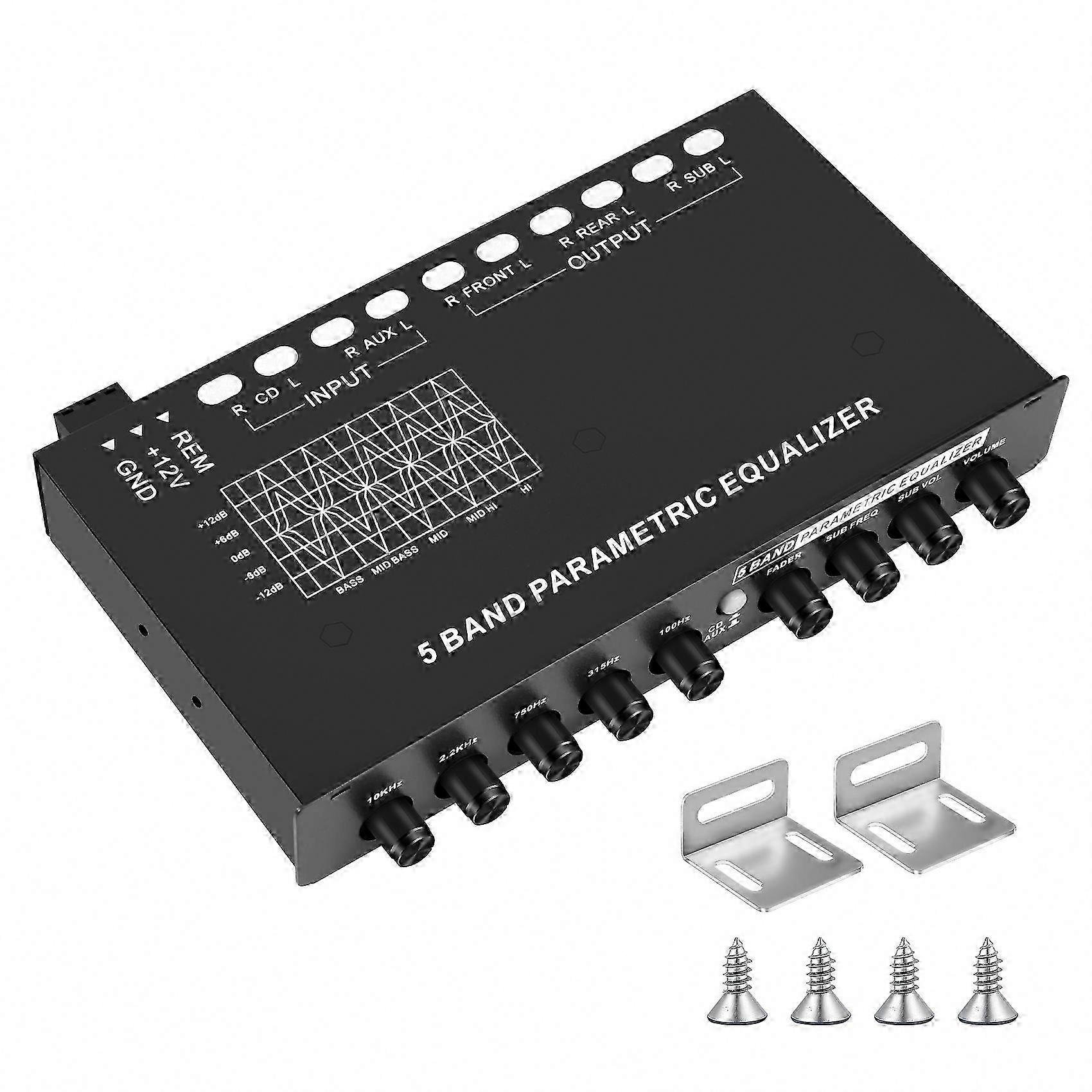 Car Graphic Equalizer, 5-Band Adjustable EQ Amplifier with CD/AUX Input Select Switch