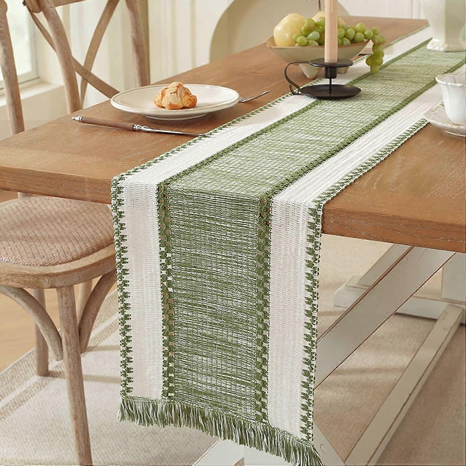 Light Green Striped Table Runner, Polyester, 30x200cm