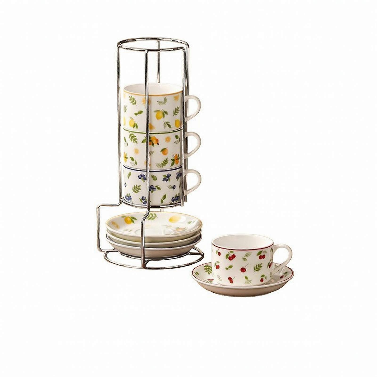 4 Pieces Cup and Saucer Set with Rack Space-Saving Stackable Design, Cup Set