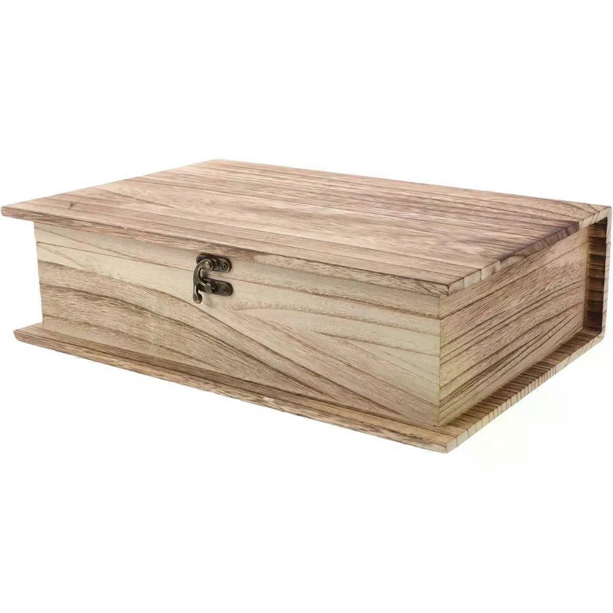 Shaped Wooden Rectangular Box with Hinged Lid for Home Office