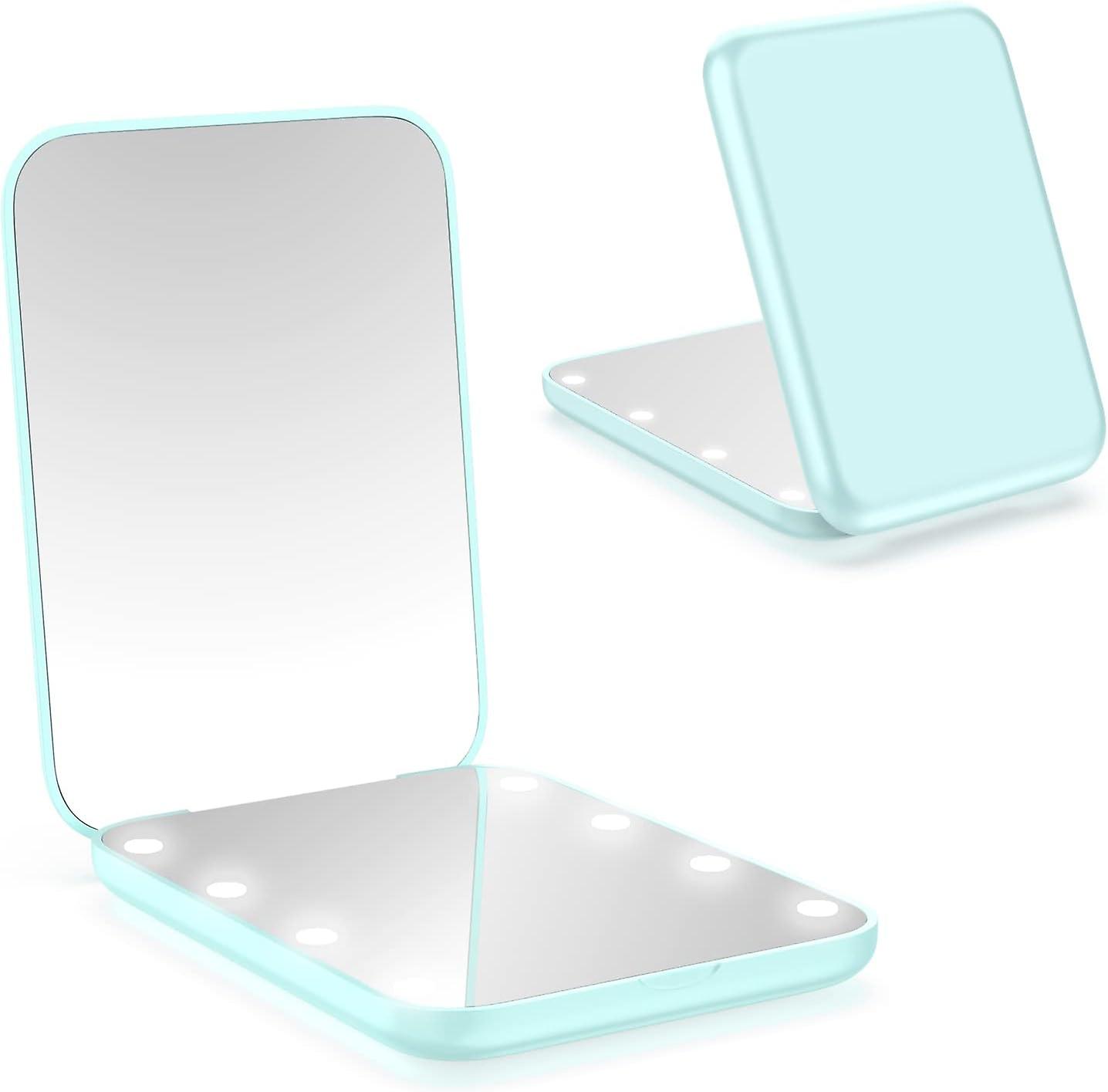 LED Lighted Travel Mirror, Round Cyan Magnifying Compact Mirror, Portable for Purse, Pocket, 8.5cm Lighted Folding Mirror