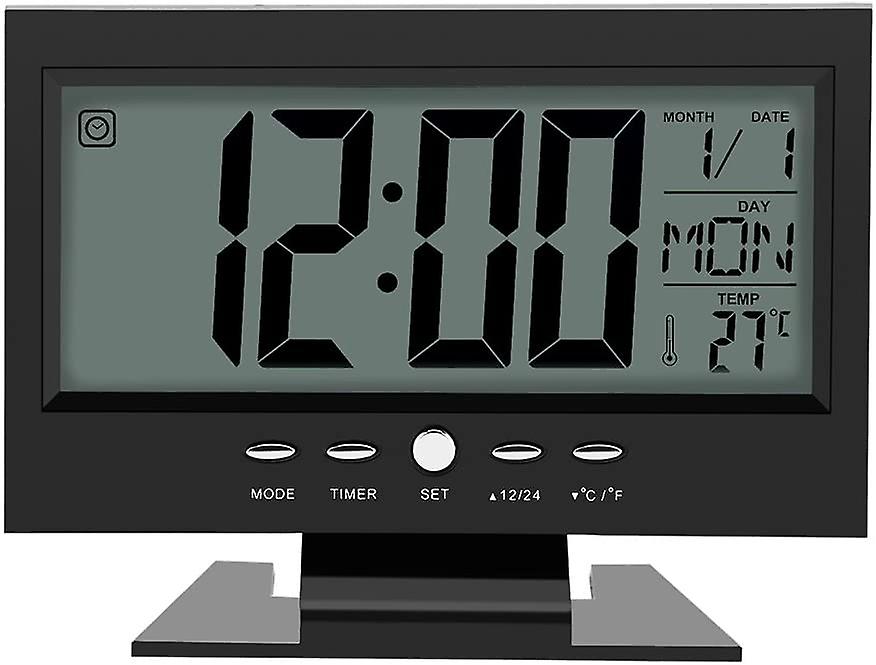 2024Large LCD Display Digital Sound Sensor Desk Alarm Clock (Black) with Smart Night Light and Snooze Ti