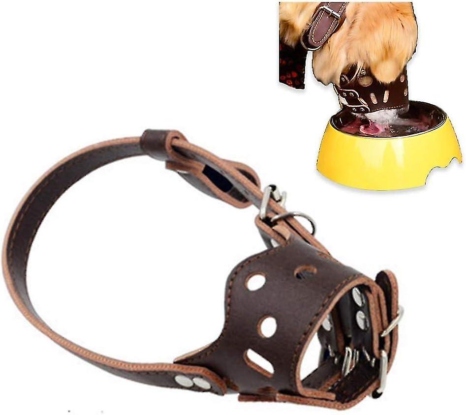 Adjustable Anti-Bite Muzzle - Size XL - Brown Leather Dog Muzzle - Breathable - For Biting and Barki