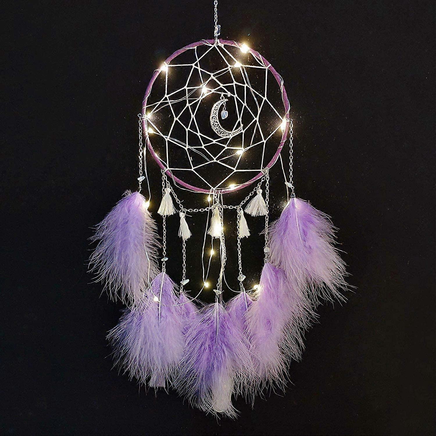 Dream catcher with LED light, handmade with feathers, romantic decor