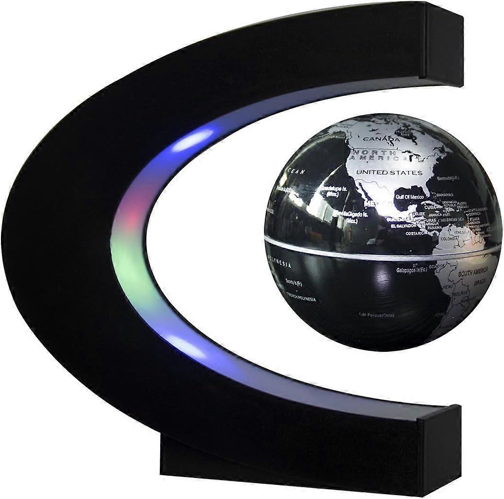 Floating Globe with LED Lights C Shape Magnetic Levitation Floating Globe World Map for Desk Decoration (Black-Silver)