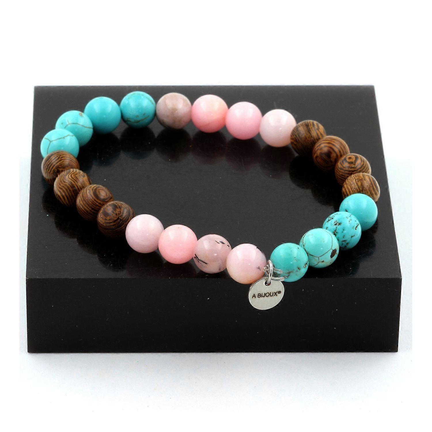 Bracelet Beads Pink Opal + Turquoise + wood 8 mm
