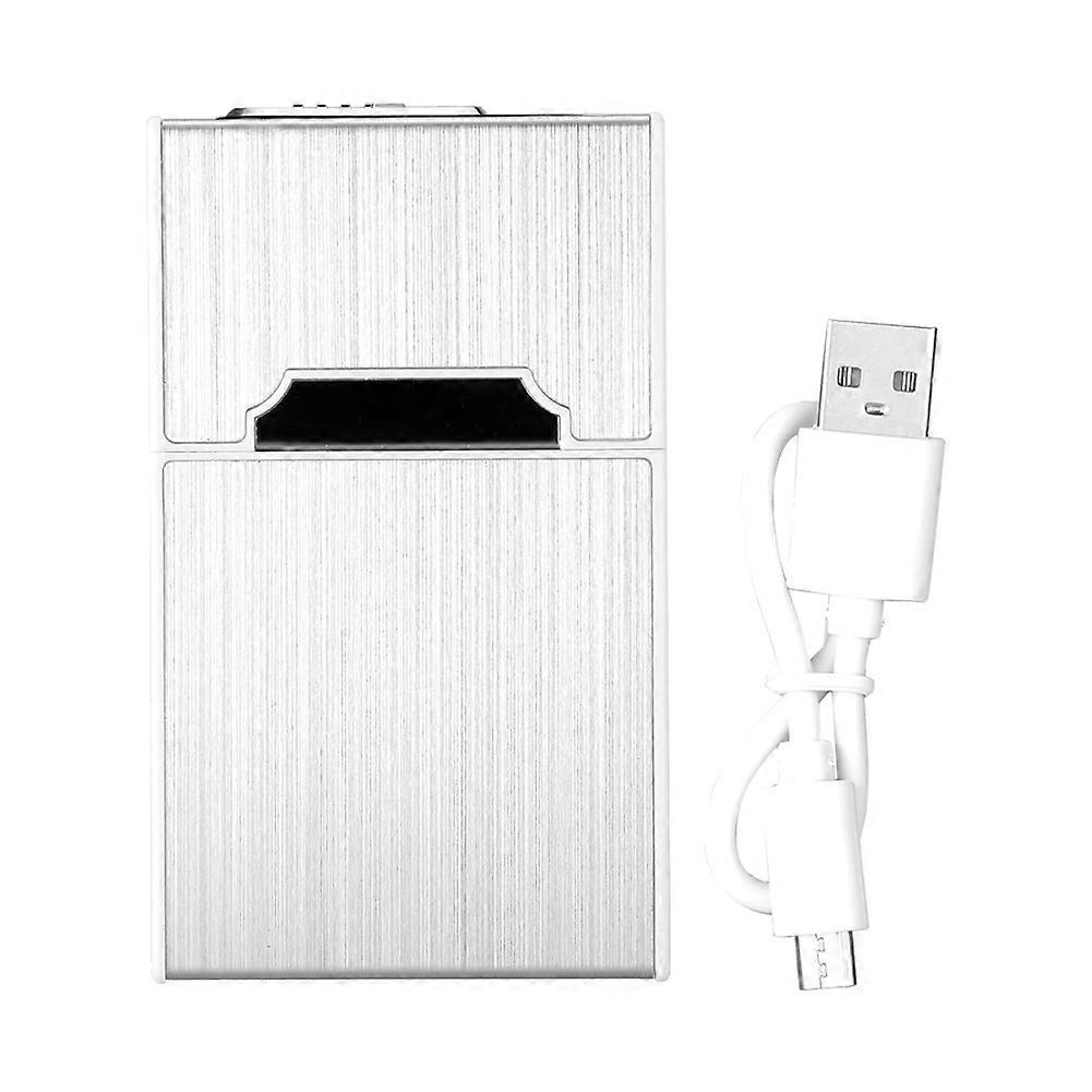 Portable 20pcs Cigarette Holder Cigarette Case Box With USB Charging Electronic Lighter(silver)