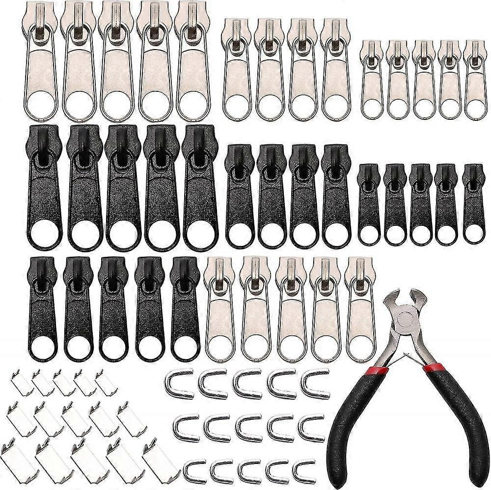 161 Pcs Zipper Replacement Pull Tabs Zip Fixer Zipper Repair Kit With Zipper Install Pliers Tool,black And Silver