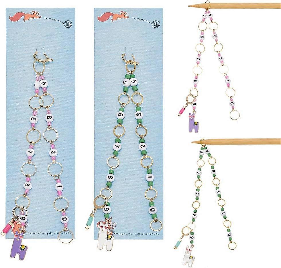 2 Pcs 2 Colors Alpaca Pendant Knitting Row Counter Chains Acrylic 0-9 Number Row Counter Chains Glass Beaded Row Counting Accessories for Knitting Cro