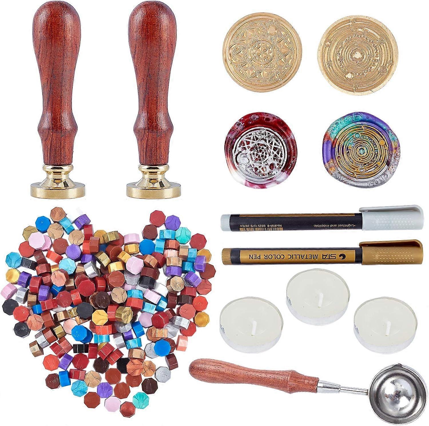 Wax Seal Stamp Set Magic Circle Solar System 200Pcs Seal Wax Beads 2PCS Wax Seal Stamp with Wooden Handle and Removable Brass Seal Head Melting Spoon