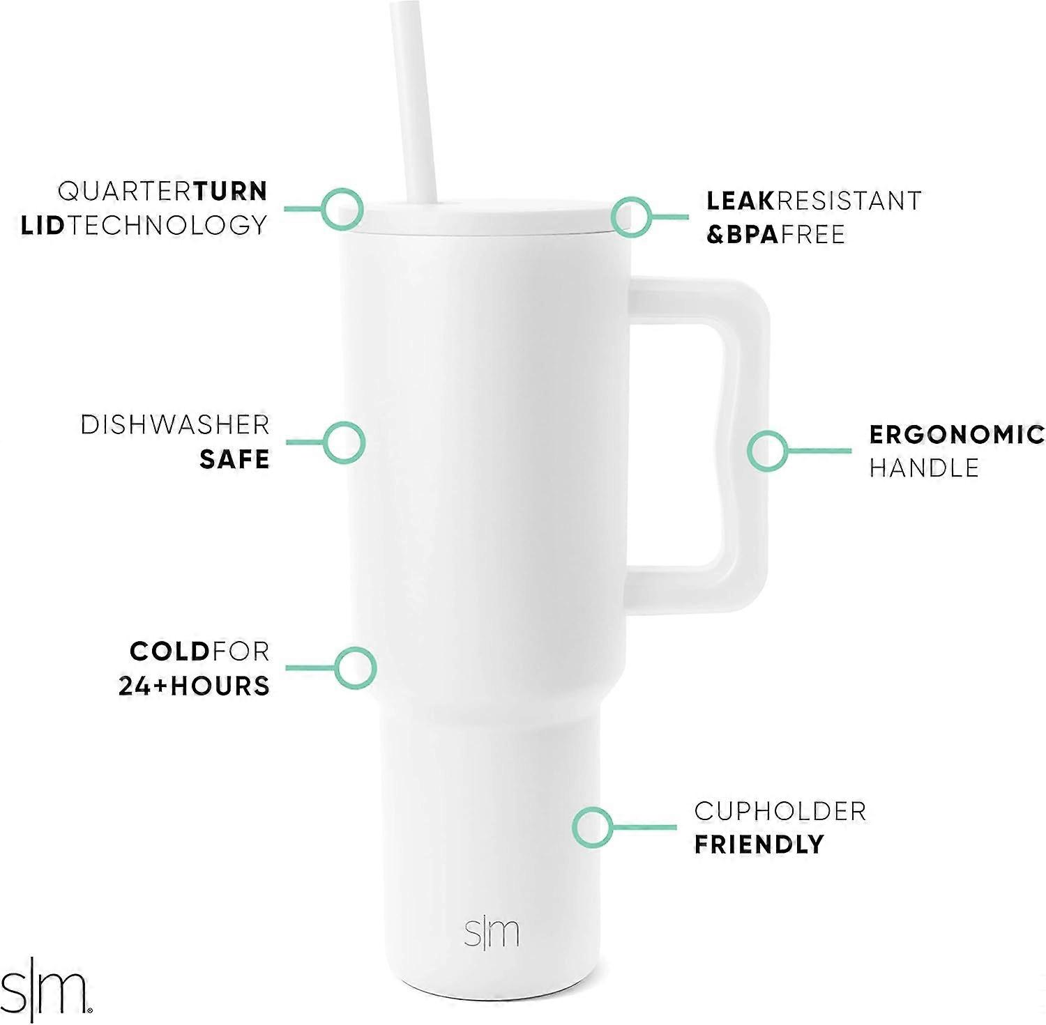 Enkel modern tumlare 40 oz med handtag och sugrör | Isolerad vattenflaska i rostfritt stål Iskaffekopp Resemugg | 1180ml | Vinter vit
