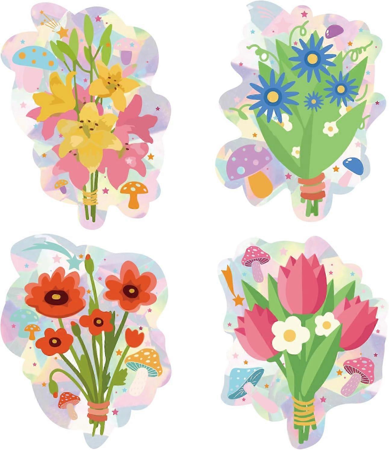 4Pcs Laser Window Sticker Adhesive Static Stickers Flowers and Mushrooms Electrostatic Window Stickers Double Sided Window Stickers Static Clings Wind