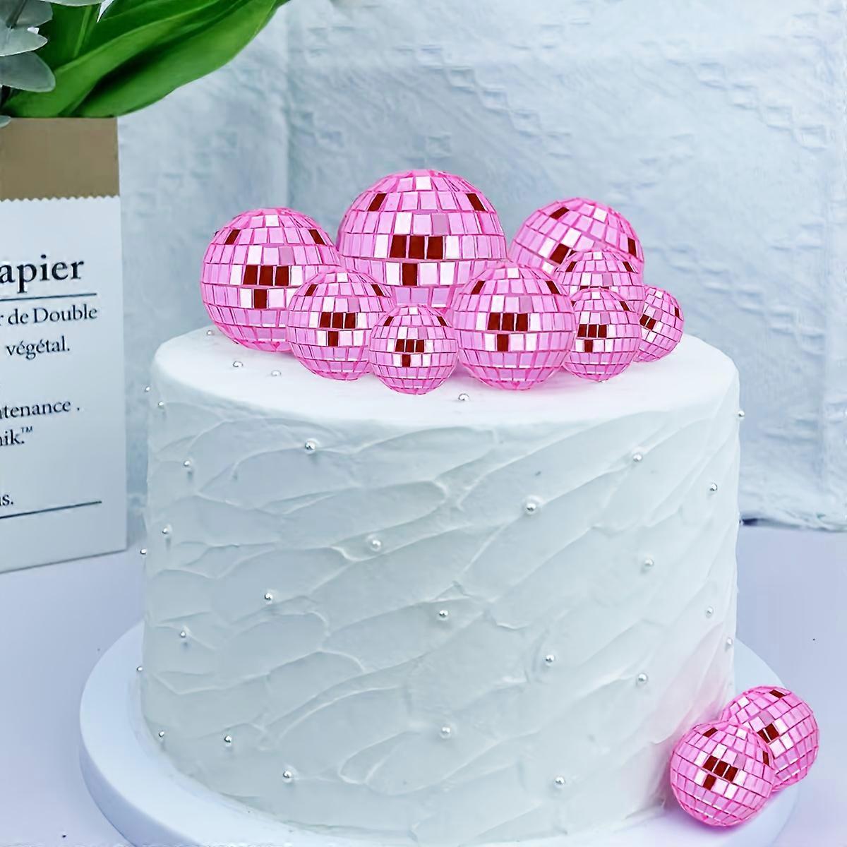 12pcs Pink Disco Ball Cake Decoration, Reflective Mirror Ball Cake Decoration, Suitable For 70s 80s Disco Theme Party Decoration, Birthday Bachelor Pa