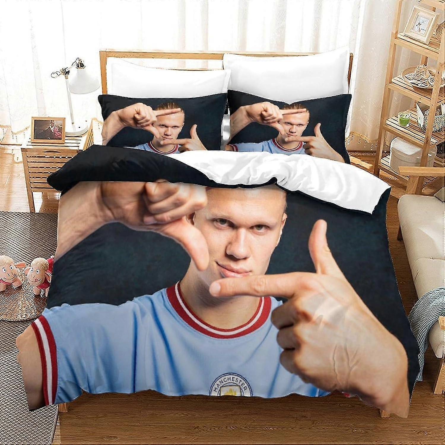 o5669 Lençóis Erling Haaland Capa de Colcha para Meninos e Meninas, Conjunto de Quarto de Capa de Cama para Futebol Superstar 3 Peças com 2 Fronhas para T