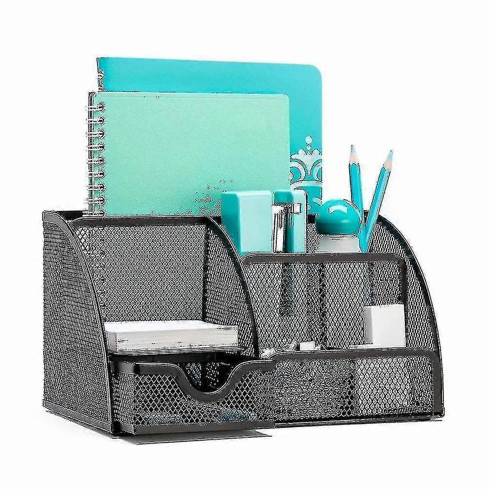 Pen Holder Office Desk Organizer Storage Box With 6 Compartments Collection Mesh Drawer(black)