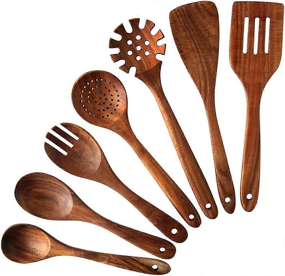 7 Piece Wooden Kitchen Utensil Set, Stylish, Strong and Non-Stick Teak Wood Spoons and Spatula for Home Use and Kitchen Decor