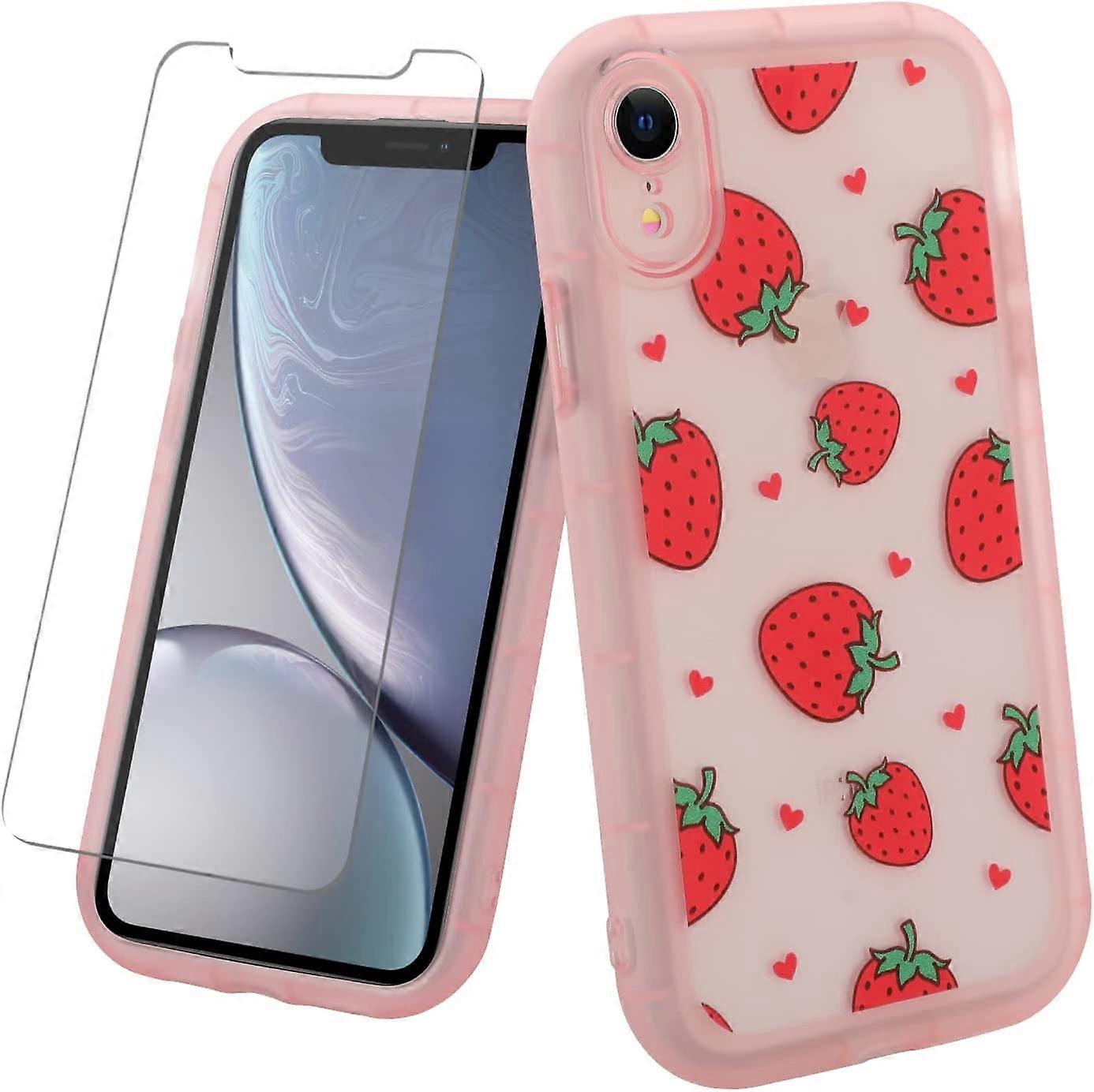 Compatible with iPhone XR Case Pink Strawberry Cute Pattern, Soft TPU Cute Camera Protector iPhone XR Case for Girls Women + 1* Screen Protector, Came