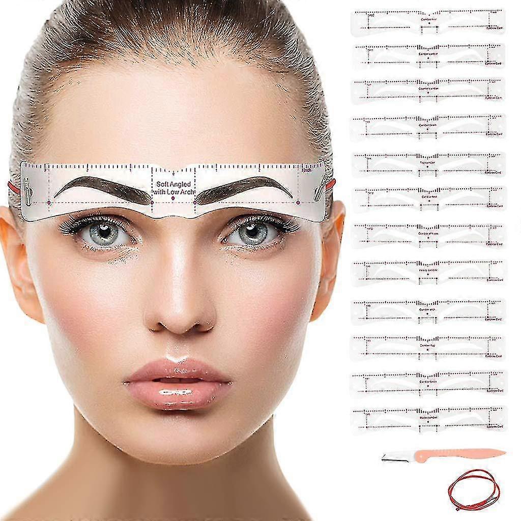 Eyebrow Stencils 12 Styles, Reusable Eyebrow Shaper Kit Template With Head-wear Strap And Eyebrow Razor For Women