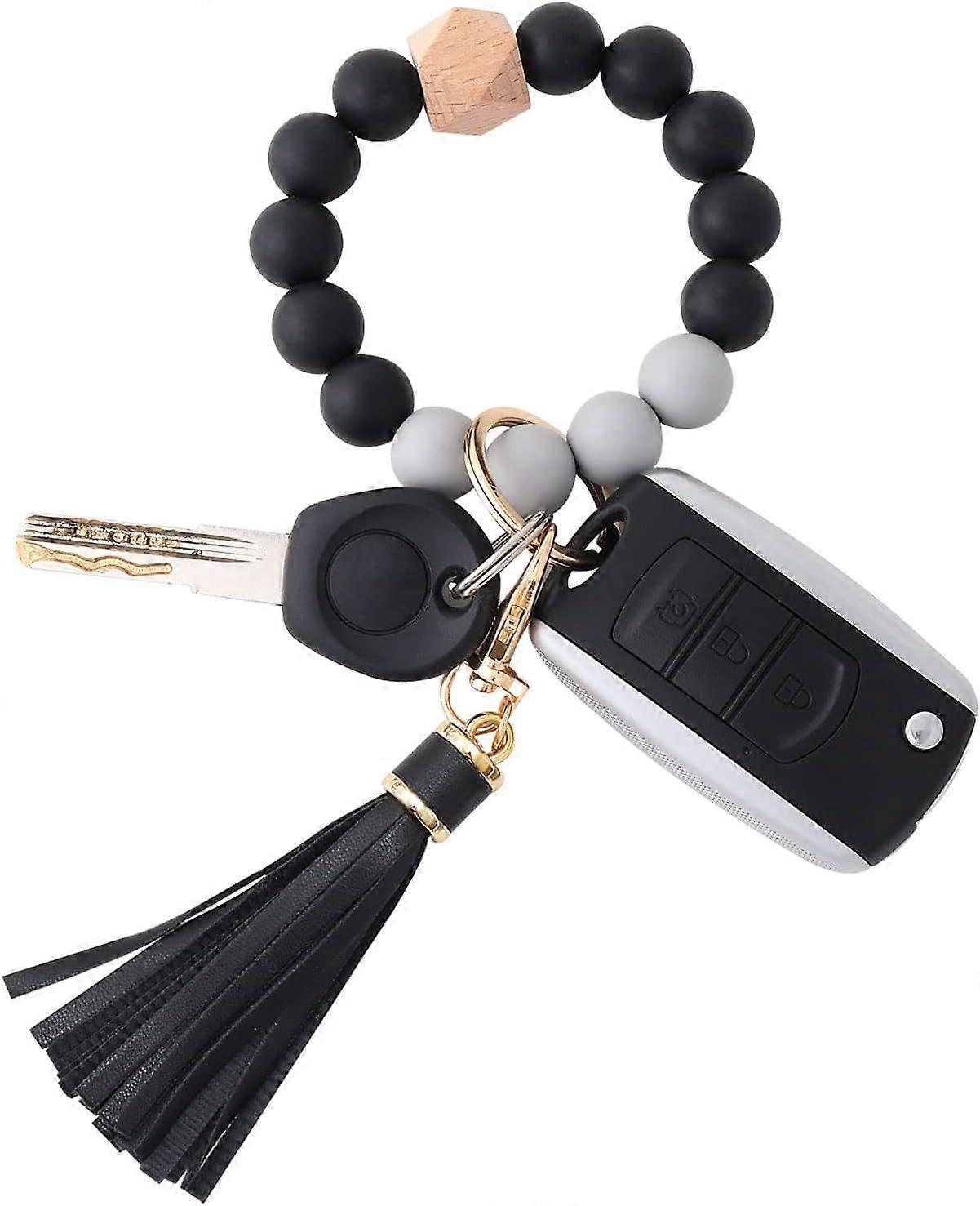 SBSGV Silicone Beaded Bracelet Keychain Wristlet Key Ring Bangle Chains for Women with Leather Tassel