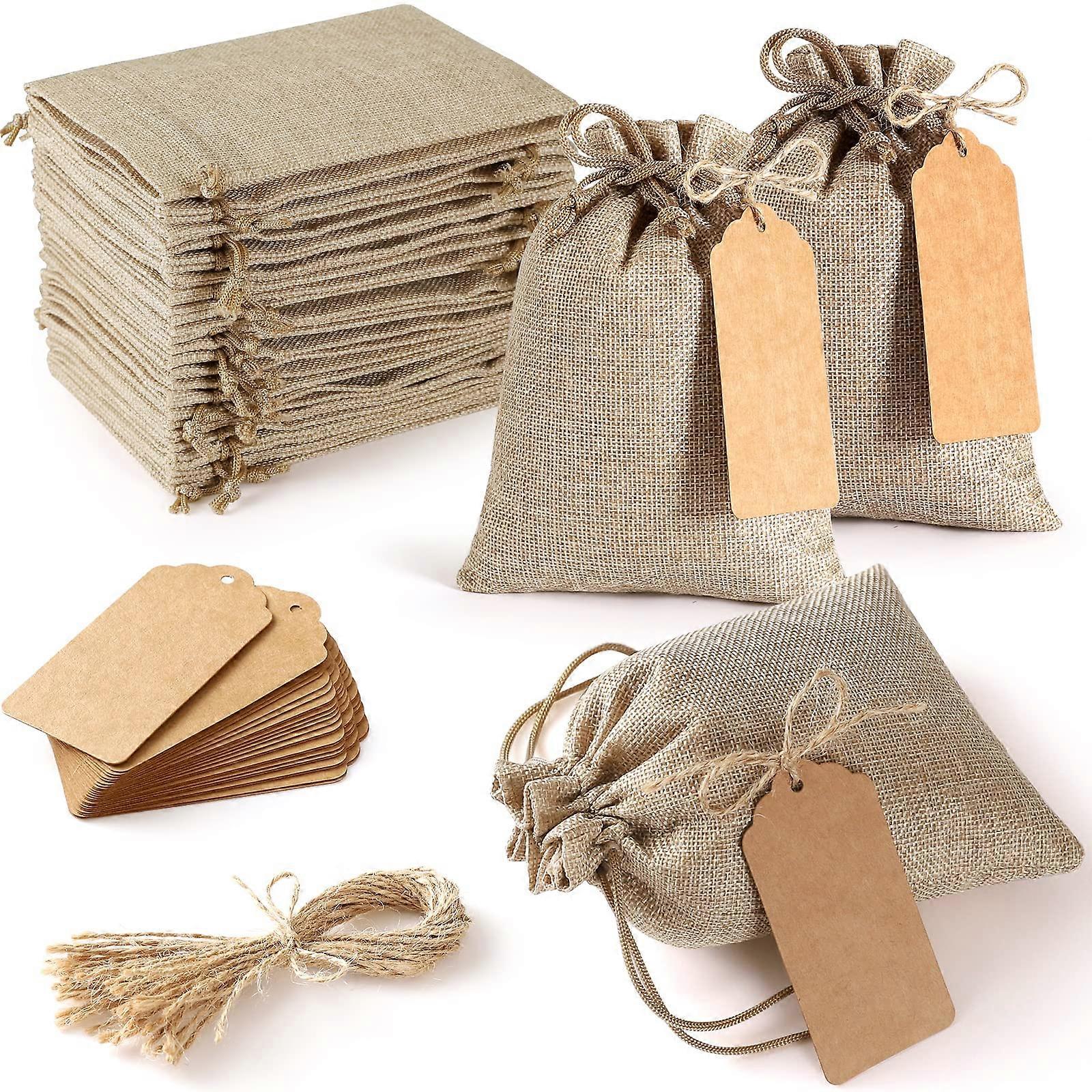 25 Reusable Burlap Gift Bags 4x6 Inch with Drawstrings, Eco-Friendly Material and Bonus Gift Tags for All Occasions