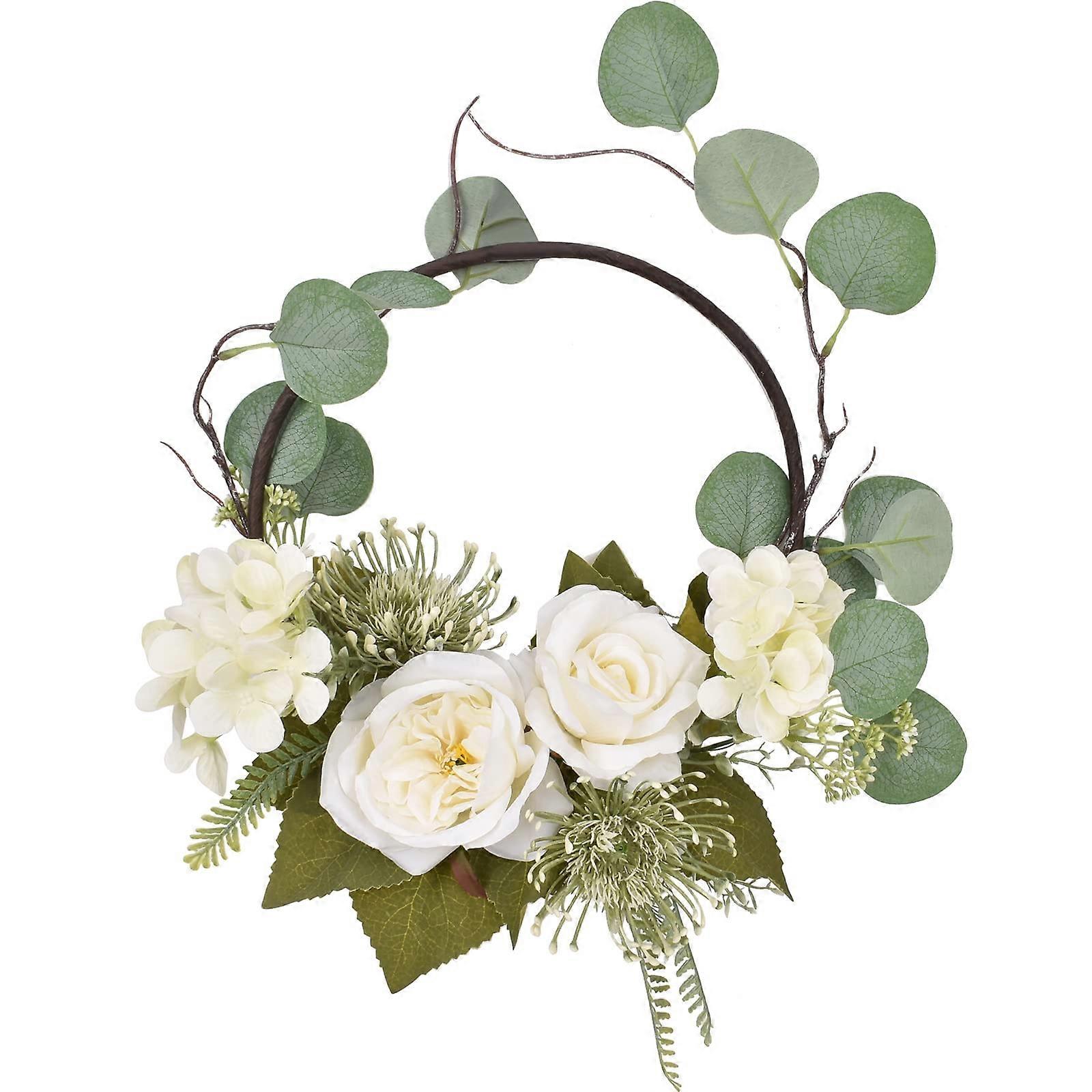 Hydrangea Summer Wreath for Front Door, 16-18 Inch Artificial Spring Wreath with White Roses