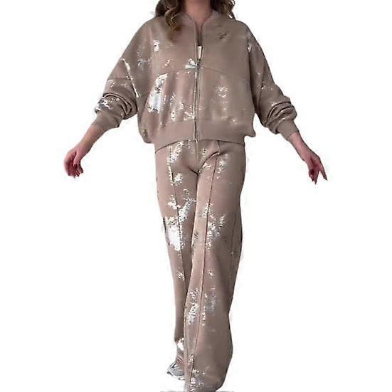 2 Pcs/Set Women Suit Stand Collar Zipper Closure Long Sleeves Elastic Cuff Sequin Coat Elastic Waist Thick Wide Leg Trousers Fall Winter Tracksuit