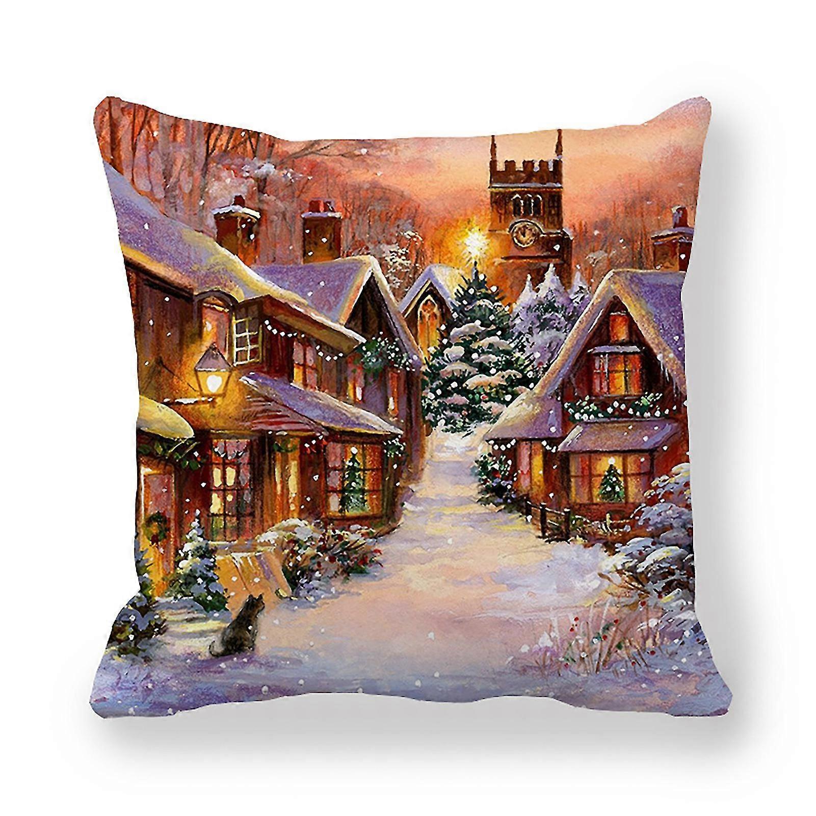 Pillow Cover Christmas Theme Pattern Polyester Peach Skin Santa Claus Snowman Square Sofa Throw Pillow Case for Home