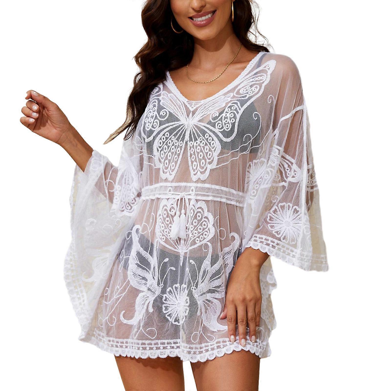 Sexy Women's V Neck Long Sleeve Butterfly Sheer Mesh Cover Up